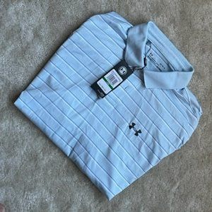 Under Armour Playoff Polo Large NWT Light Blue w/ Navy Blue and White Stripes